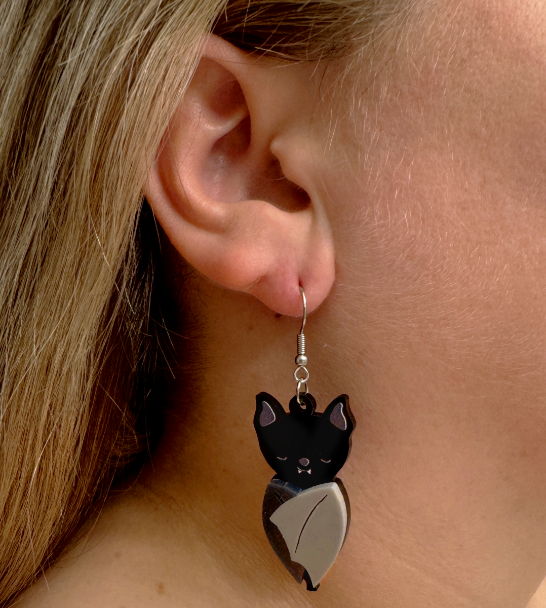 Sleepy Bat with Fangs Earrings- Halloween Spooky Cute