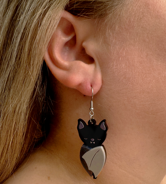 Sleepy Bat with Fangs Earrings- Halloween Spooky Cute