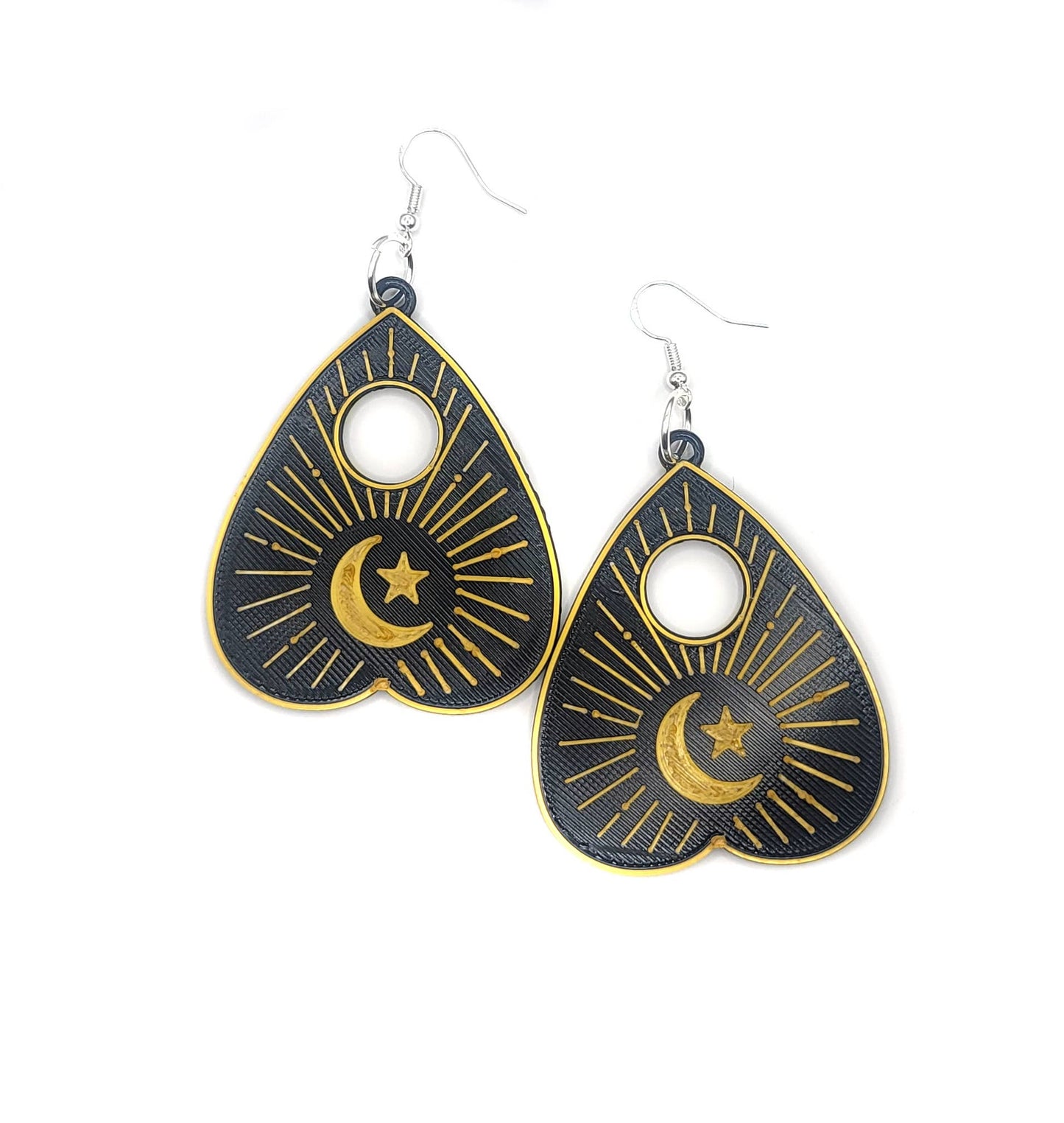 Ouija Planchette Black and Gold Earrings 3D Printed