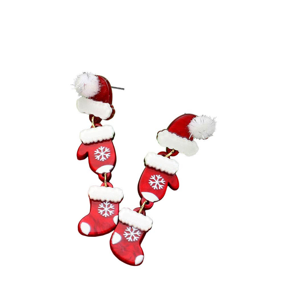 Pom Pom Resin Christmas Hat Mitten Socks Link Earrings