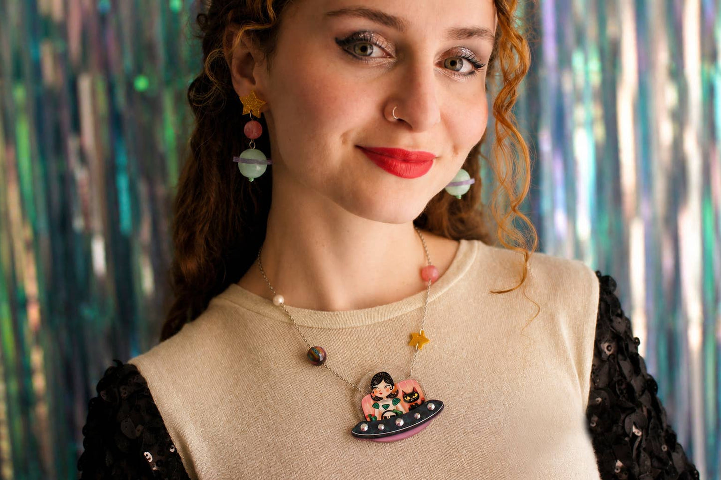 UFO Necklace with Girl and Space Cat