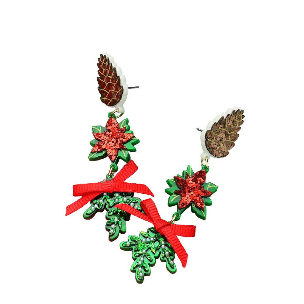 Resin Christmas Pine Cone Mistletoe Link Dropdown Earrings