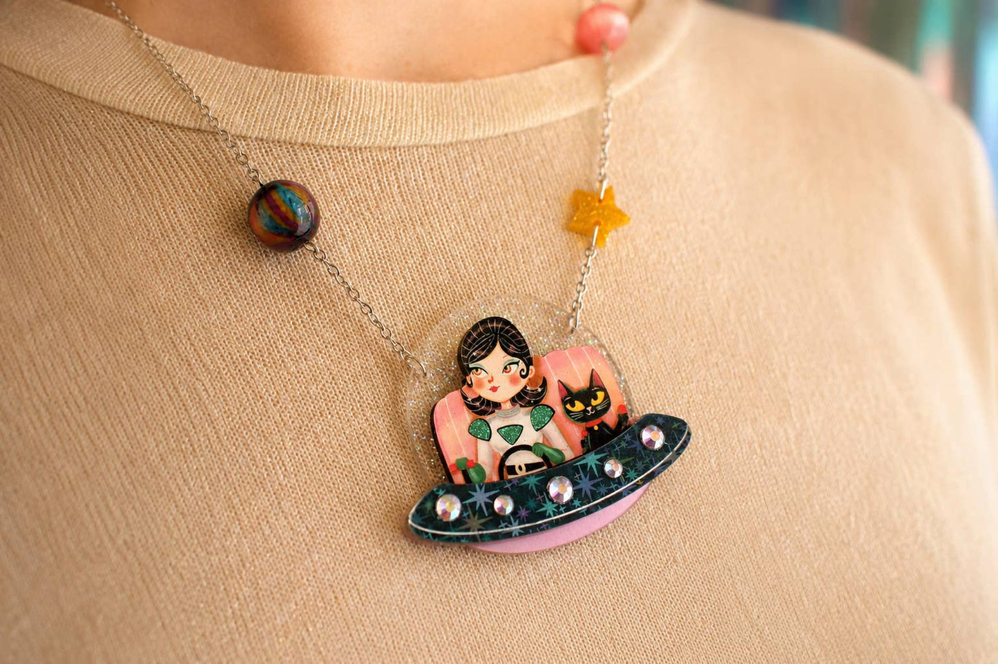 UFO Necklace with Girl and Space Cat