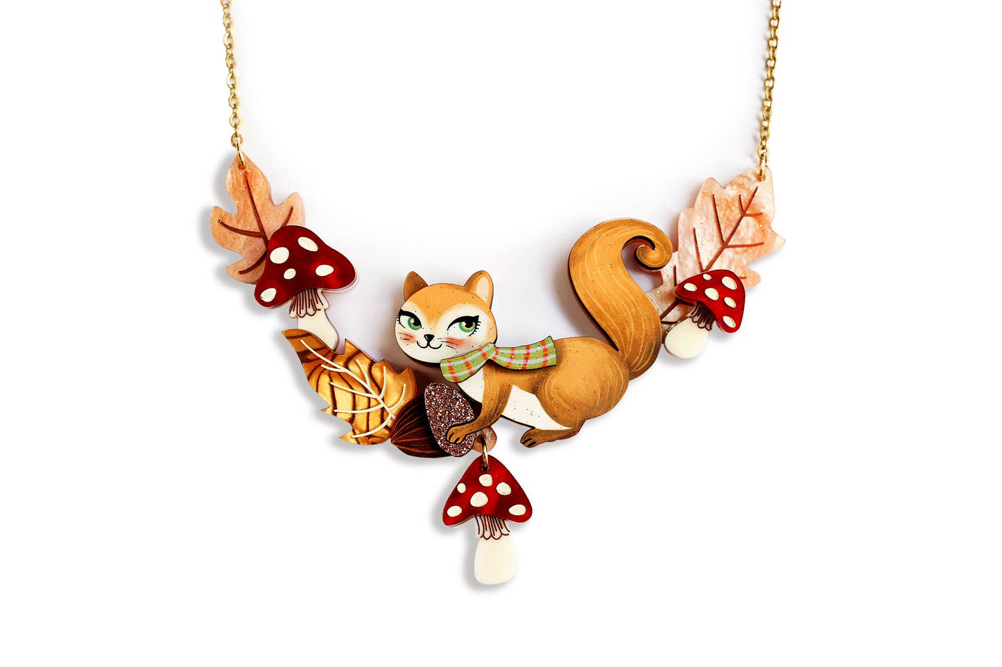 Squirrel Necklace with Mushrooms