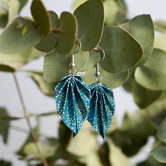 Origami Earrings - Small Leaves - turquoise blue / gold