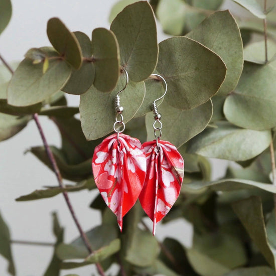Origami Earrings - Small Leaves - Red