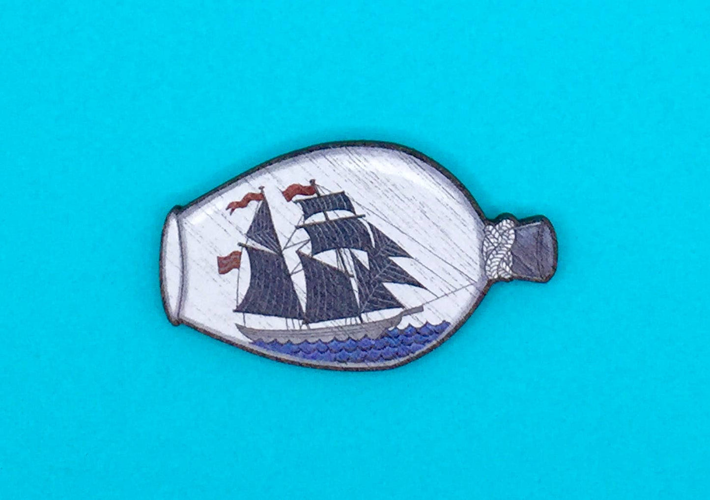 Ship in Bottle Wooden Pin Brooch / Nautical Pin Badge