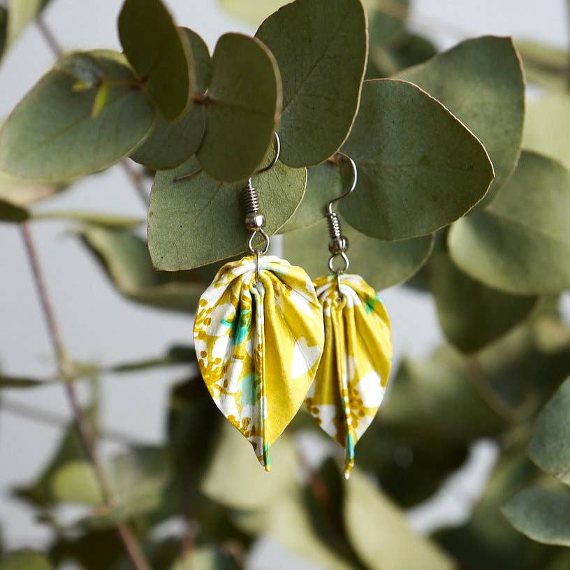 Origami Earrings - Small Leaves - Yellow