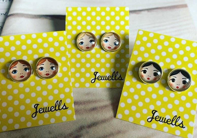 Doll Face Earrings glass silver plated 3 hair colours